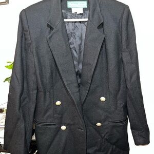 Classic Black Double-Breasted 100% Wool Blazer with Structured Design Sz Medium